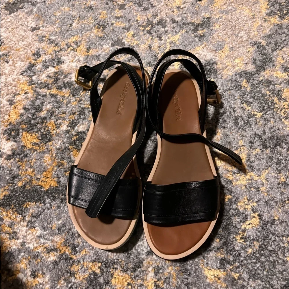 See by Chloe Robin Wedge sandals with a wraparound ankle strap. Stacked platform